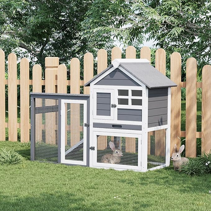 Rabbit Hutch 2-Tier, Small Wooden Chicken Coop for Outdoor Use - Weatherproof Small Animal Hutch with Non-Slip Ramp, 4 Access Doors &amp; Removable Tray for Rabbits, Guinea Pigs, Ferrets (Indoor/Outdoor)