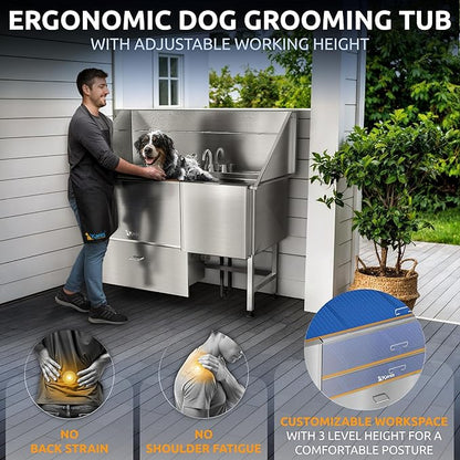 KANIS Professional Dog Washing Station - 304 Stainless Steel Pet Wash Sink &amp; Grooming Bath Tub for Home with Ramp, Shower, Floor Grate, Storage Drawer, Faucet, Drain Kit for Large, Medium &amp; Small Pets