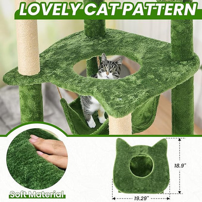 55 Inch Large Cat Tree Tower for Indoor Cats with Hammock Green Leaves Sisal Scratching Post, Plush Hang Ball Play Furniture for Kittens &amp; Adult Cats,New Green