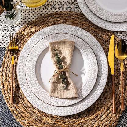 GBHOME Ceramic Dinnerware Sets, 24 pcs Embossed Elegant Stoneware Plates and Bowls Sets, Housewarming Wedding Gift | Dishwasher &amp; Microwave Safe | Dishes Set Service for 8