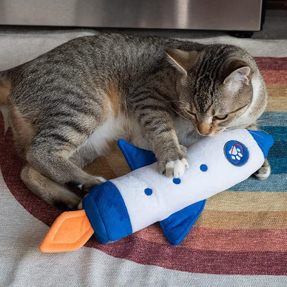 Furhaven Plush Cat Toy w/ Catnip for Indoor Cats, Washable &amp; Durable w/ Refillable Catnip Pocket - Rocket Kicker Plush Toy - White/Blue, One Size