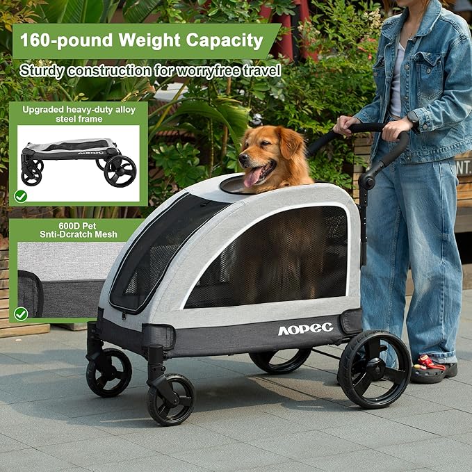 Large Dog Stroller - Dual Entry Safety Folding Pet Stroller with Adjustable Handle, All-Terrain 4-Wheel, 160 lbs Weight Capacity for Travel &amp; Outdoor Adventures - Gray