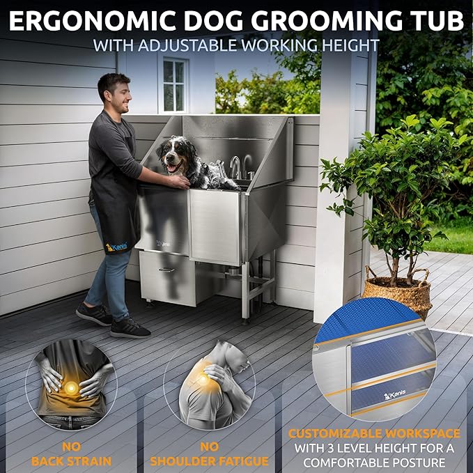 KANIS Professional Dog Washing Station - 304 Stainless Steel Pet Wash Sink &amp; Grooming Bath Tub for Home with Ramp, Shower, Floor Grate, Storage Drawer, Faucet, Drain Kit for Large, Medium &amp; Small Pets