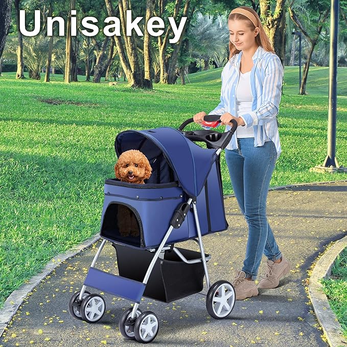4 Wheels Pet Stroller for Small Medium Dogs Cats 10-33 lbs, Foldable Dog and Cat Stroller with Cup Holder &amp; Storage Basket &amp; Breathable Mesh, Pet Strolling Cart for All-Season, Navy Blue