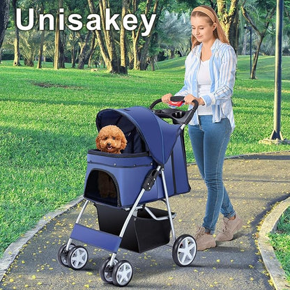 4 Wheels Pet Stroller for Small Medium Dogs Cats 10-33 lbs, Foldable Dog and Cat Stroller with Cup Holder &amp; Storage Basket &amp; Breathable Mesh, Pet Strolling Cart for All-Season, Navy Blue