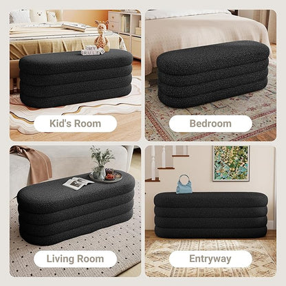 Storage Ottoman Bench 49.2 Inch Upholstered Fabric Storage Bench for Bedroom End of Bed Aesthetic Large Oval Ottoman for Living Room Entryway (Black)