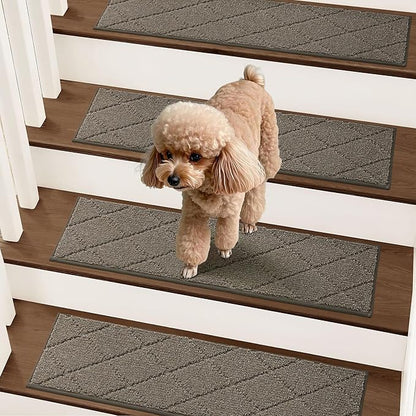 COSY HOMEER Stair Treads for Wooden Steps 9"x28" Washable Indoor Carpet Stair Treads Non Slip Soft Polyester Stair Carpet Tread Reusable Stair Runner Rugs for Kids, Elders,Pets,Light Brown,15pcs