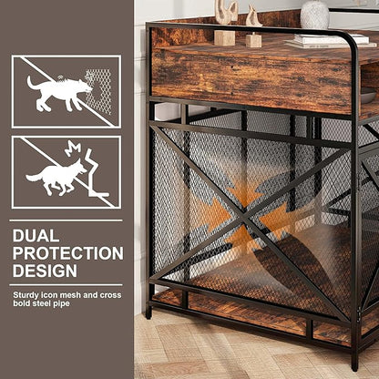 Dog Crate Furniture, 48" Heavy Duty Wooden Dog Crate End Table, XL Dog Kennel Furniture Large Breed, Decorative Dog Kenne Indoor with 3 Drawers &amp; Steel Tubes 48" L x28 W x36 H (Rustic Brown)