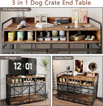 Dog Crate Furniture, 48" Heavy Duty Wooden Dog Crate End Table, XL Dog Kennel Furniture Large Breed, Decorative Dog Kenne Indoor with 3 Drawers &amp; Steel Tubes 48" L x28 W x36 H (Rustic Brown)