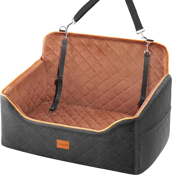 Dog Car Seat for Medium Dogs - Pet Car Seat with 2 Safety Straps &amp; Waterproof Padding, Portable Pet Carrier for Cars, Trucks &amp; SUVs, Comfortable Booster Bed for Pets Up to 55lbs (Black/Coffee)