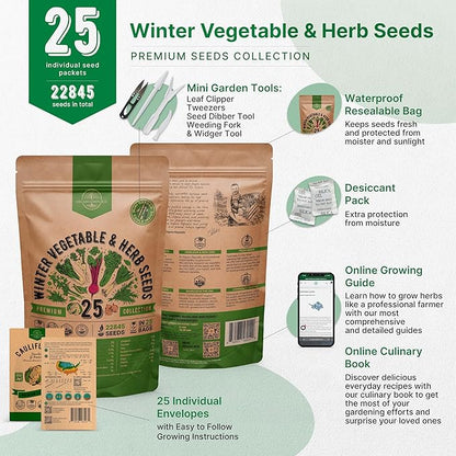Organo Republic 25 Winter Vegetable &amp; Herb Garden Seeds Variety Pack for Outdoors &amp; Indoor Home Gardening 22,840+ Non-GMO Heirloom Seeds Broccoli Beet Carrot Cabbage Radish Pea Mint Thyme Parsley