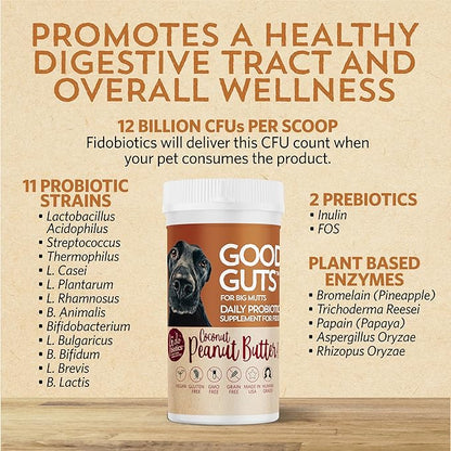 Fidobiotics Good Guts for Big Mutts Probiotic for Dogs, 12 Billion CFUs, 11 Strains, 5 Digestive Enzymes, 2 Prebiotics, Digestive Gut Health for Dogs, Adult &amp; Puppy Probiotics Supplements (20 Days)