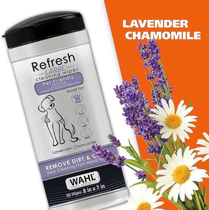 Wahl USA Pet Refresh Lavender Cleaning Wipes for All Dog Breeds - Use on Ears, Nose, Paws, Bottom, &amp; Sensitive Areas - 50 Wipes - 820018A