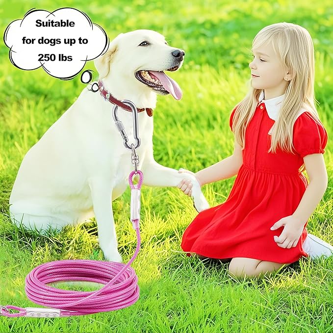 Dog Tie Out Cable for Outside,20FT Long Dog Leash&amp;Chains with Swivel Hook,Small-Large Dogs Runner Cable for Yard,Heavy Duty Dogs Lead Line for Outdoor and Camping (500lbs 20FT, Pink)