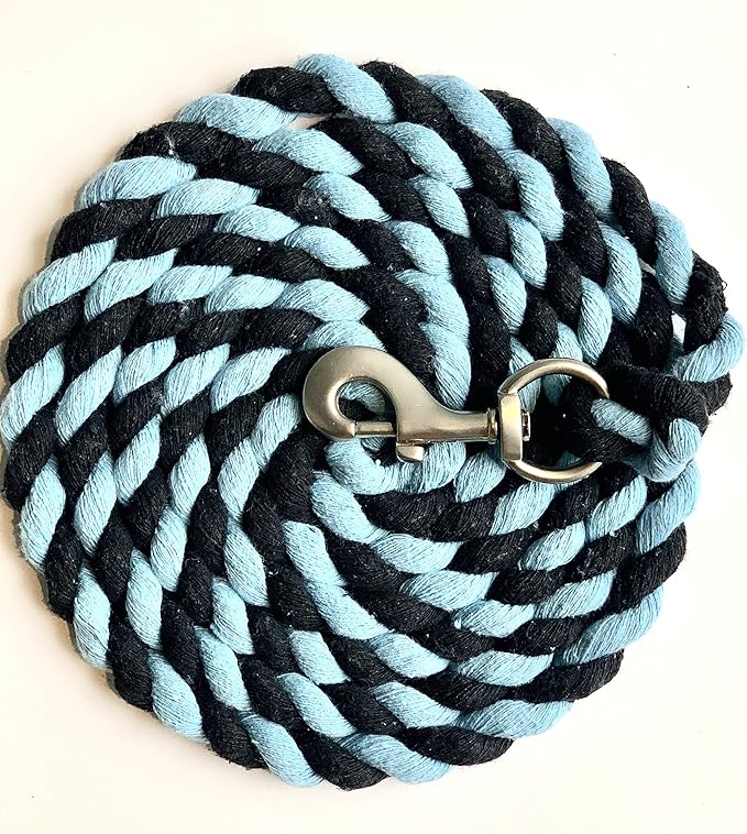 Majestic Ally Pack of 2 Solid Cotton Lead Rope for Horses &amp; Livestock – 10 Foot Long and 5/8 inch Thick - Replaceable Heavy-Duty Satin Bolt Snap – Handmade – Soft, Broken in Feel (Sky Blue - Black)