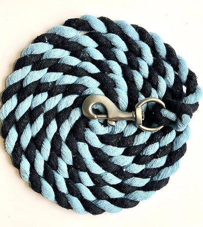 Majestic Ally Pack of 2 Solid Cotton Lead Rope for Horses &amp; Livestock – 10 Foot Long and 5/8 inch Thick - Replaceable Heavy-Duty Satin Bolt Snap – Handmade – Soft, Broken in Feel (Sky Blue - Black)