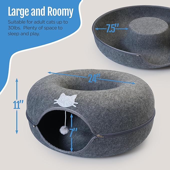 Meow Mansion Large Cat Cave Donut - Cat Tunnel; up to 30lbs - 3 Toy Balls &amp; Hanging Ball Included - Scratch Resistant, Detachable and Cleanable Cat Donut Bed