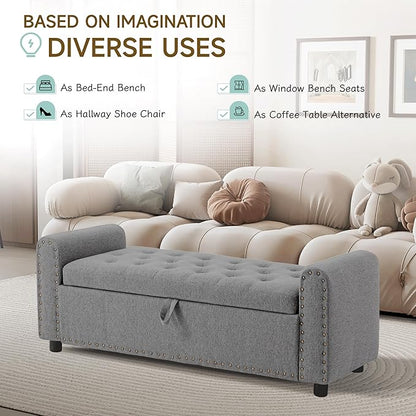 Ottoman with Storage, Tufted Storage Bench for Bedroom, 48" Fabrics End of Bed Bench, Upholstered Entryway Shoe Benches with Rolled Arm &amp; Inner Zipper, Window Ottomans Chest with Rivets, Drak Grey
