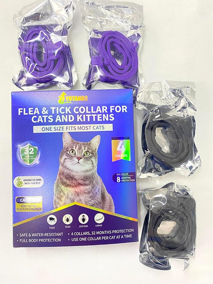 4 Pack Flea Collar for Cats 32 Months Prevention, Waterproof Natural Treatment Collar Adjustable for All Breeds and Size(Black &amp; Purple)
