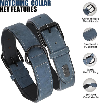 Didog Soft Padded Leather Dog Collar and Leash Set, Adjustable Dog Leash and Collar Set with Metal Buckle, Breathable Dog Collars with 4FT PU Leather Dog Leash for Medium Large Dogs, Blue, L