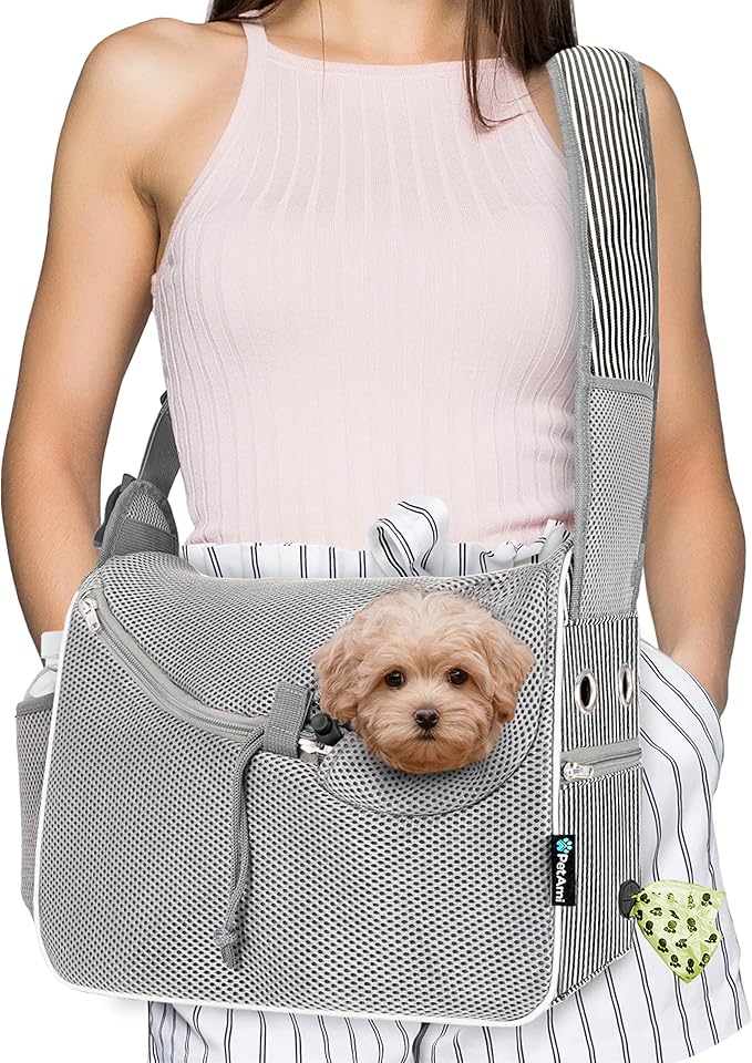 PetAmi Small Dog Sling Carrier, Soft-Sided Crossbody Puppy Carrying Purse Bag, Adjustable Sling Pet Pouch to Wear Medium Cat Travel, Dog Bag for Traveling, Poop Bag Dispenser, Max 10 lbs, Stripe Black