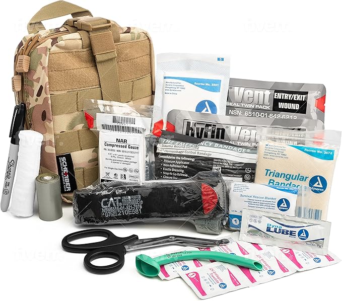 Scherber Premium IFAK Kit Trauma Pack Fully Stocked MOLLE Pouch w/CAT Tourniquet, HyFin Vent Chest Seal, &amp; Israeli Bandage Trauma Kit for Emergency, Gunshot, Bleeding, &amp; Major Wound Care (Camouflage)