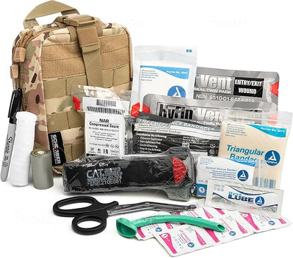 Scherber Premium IFAK Kit Trauma Pack Fully Stocked MOLLE Pouch w/CAT Tourniquet, HyFin Vent Chest Seal, &amp; Israeli Bandage Trauma Kit for Emergency, Gunshot, Bleeding, &amp; Major Wound Care (Camouflage)