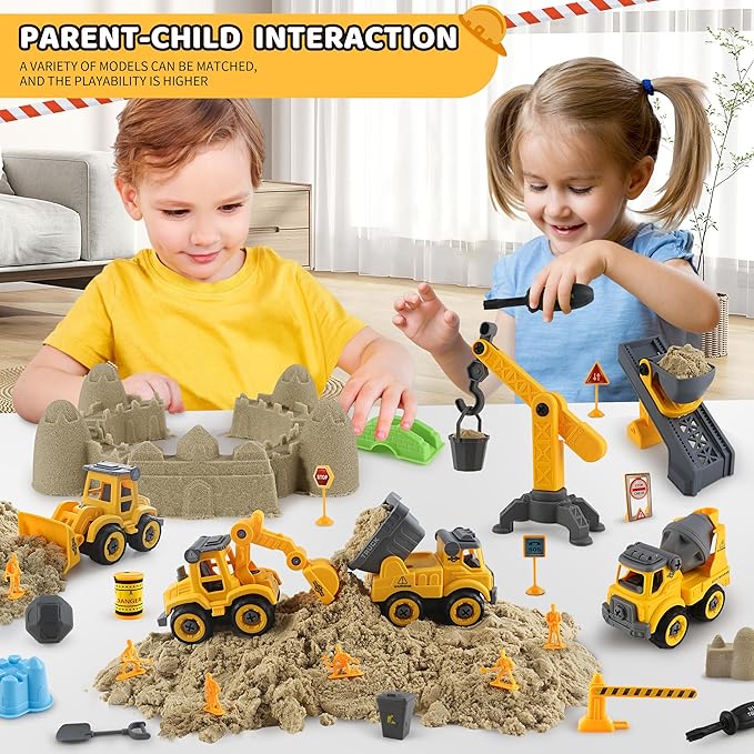 Asoxt 43-Piece Construction Sensory Playset – 2 lbs Play Sand, 4 DIY Trucks, Crane &amp; Road Signs – Creative Sandbox Toy for Kids Ages 3+