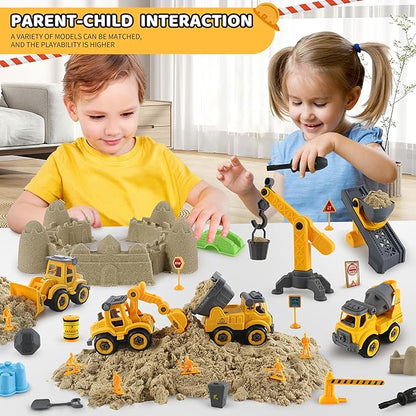 Asoxt 43-Piece Construction Sensory Playset – 2 lbs Play Sand, 4 DIY Trucks, Crane &amp; Road Signs – Creative Sandbox Toy for Kids Ages 3+