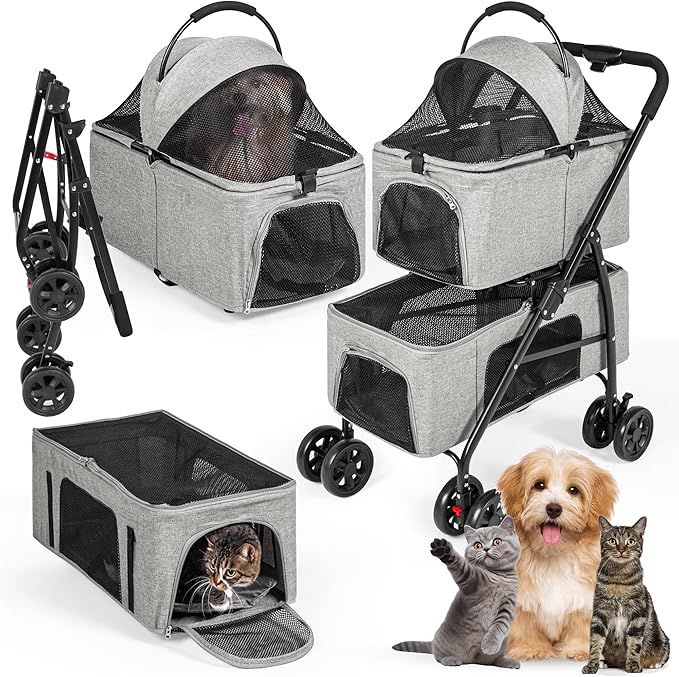 Detachable Pet Double Stroller with 4 Rolling Casters for 2 Pets – Lightweight Multifunctional Travel Stroller with Mesh Windows, Cup Holder, Sun Shades &amp; Storage Pocket for Puppy and Kitty