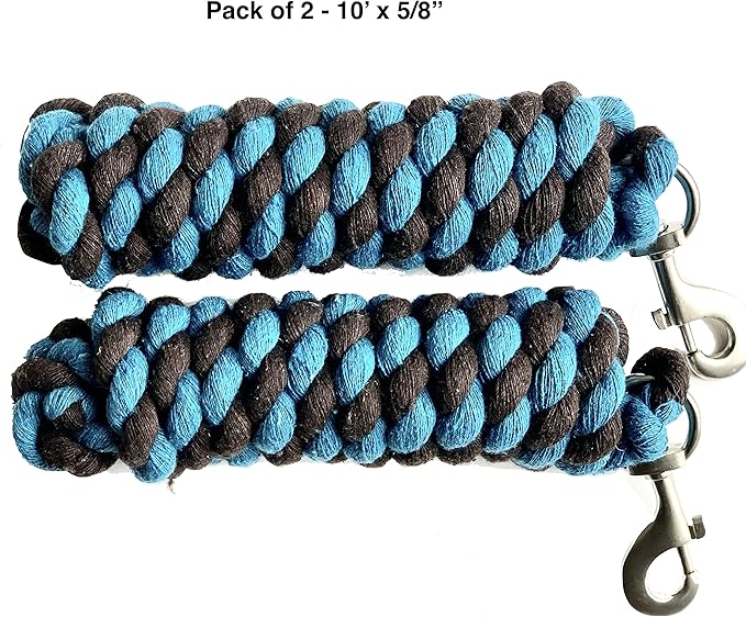 Majestic Ally Pack of 2 Solid Cotton Lead Rope for Horses &amp; Livestock – 10 Foot Long and 5/8 inch Thick - Replaceable Heavy-Duty Satin Bolt Snap – Handmade – Soft, Broken in Feel (Turquoise -Brown)