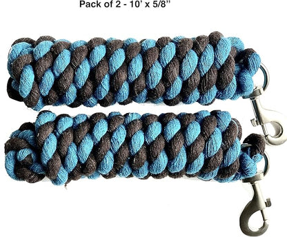 Majestic Ally Pack of 2 Solid Cotton Lead Rope for Horses &amp; Livestock – 10 Foot Long and 5/8 inch Thick - Replaceable Heavy-Duty Satin Bolt Snap – Handmade – Soft, Broken in Feel (Turquoise -Brown)