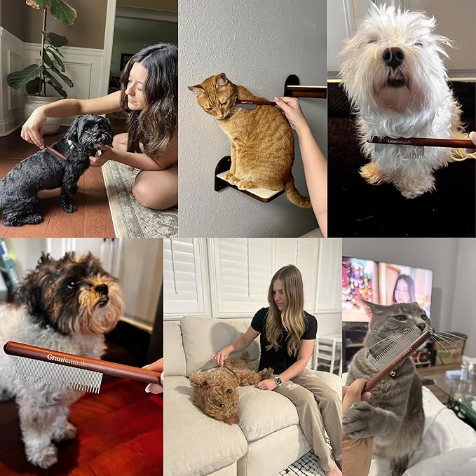 GranNaturals Wooden &amp; Metal Pet Comb for Detangling Hair, Grooming Fur, Dematting for Large and Small Dogs, Long &amp; Short Haired Cats