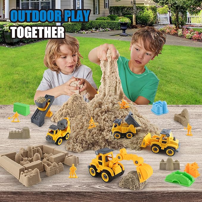 Construction Sandbox with Lid - 4 Vehicles with 1 Conveyor, 8 Castle Molds, 6 Figures &amp; 3lbs Moldable Sand - Preschool Sensory Bin for Fine Motor Skills, Ages 3-6