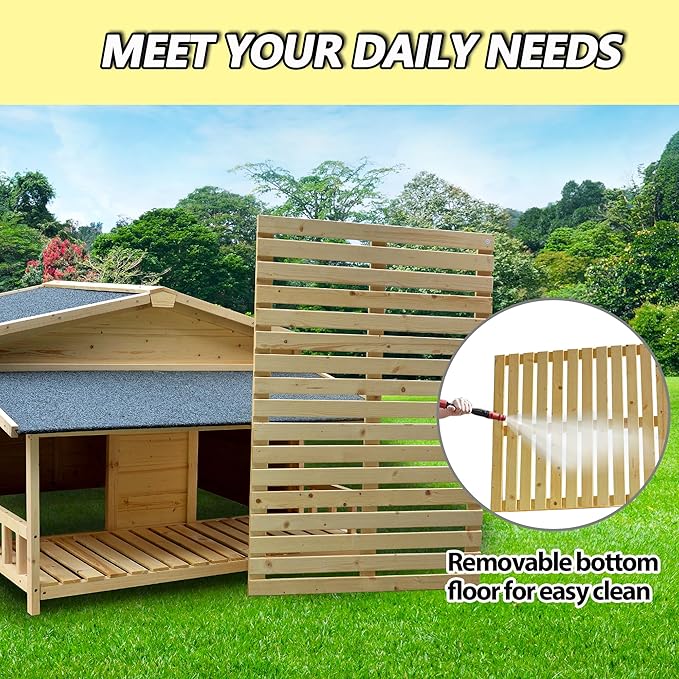 Large Outdoor Wooden Dog House – Weatherproof Double Kennel with Asphalt Roof &amp; Covered Porch, Ideal for Medium to Large Breeds