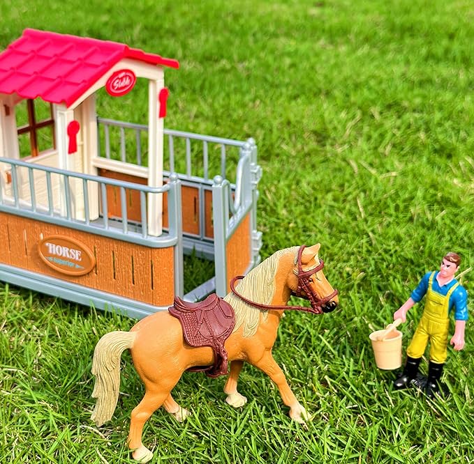 Peagrav Horse Stable Playset with Rider, Wash Area, Fence &amp; Animal Figures - Gifts for Girls &amp; Boys Aged 3-8