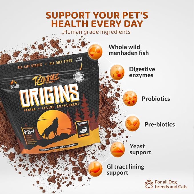 Origins 5-in-1 Dog Supplement - Powdered Food Topper w/Natural Omega 3 Fish Oil - Supports Healthy Digestion, Skin, and Coat - Helps Reduce Itching &amp; Joint Inflammation (5 lbs)