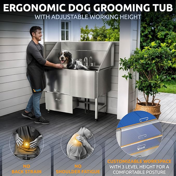 KANIS Professional Dog Washing Station - 304 Stainless Steel Pet Wash Sink &amp; Grooming Bath Tub for Home with Ramp, Shower, Floor Grate, Storage Drawer, Faucet, Drain Kit for Large, Medium &amp; Small Pets