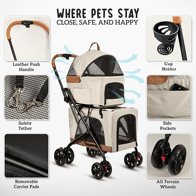 Double Pet Stroller with Detachable Carriers - Ideal for 2 Dogs or Cats - Compact &amp; Convenient Design - Easy Assembly Double Dog Stroller - Cosmic Beige