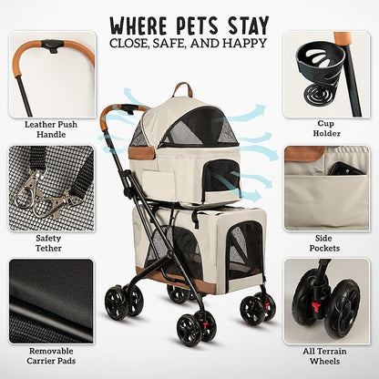 Double Pet Stroller with Detachable Carriers - Ideal for 2 Dogs or Cats - Compact &amp; Convenient Design - Easy Assembly Double Dog Stroller - Cosmic Beige