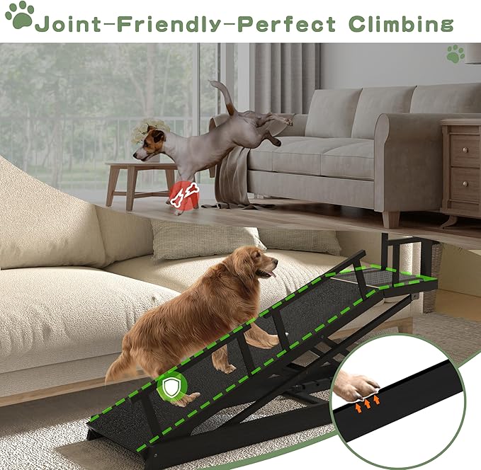 6 Level Height Adjustable Dog Ramp for Bed, Couch 65" Foldable Pet Ramp with Non-Slip Mat，DIY Glow Strips &amp; Rest Platform Heavy Duty Dog Stairs for Large Dogs up to 200Lbs ，Black