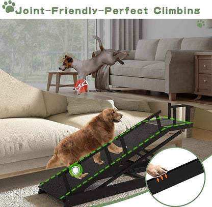 6 Level Height Adjustable Dog Ramp for Bed, Couch 65" Foldable Pet Ramp with Non-Slip Mat，DIY Glow Strips &amp; Rest Platform Heavy Duty Dog Stairs for Large Dogs up to 200Lbs ，Black