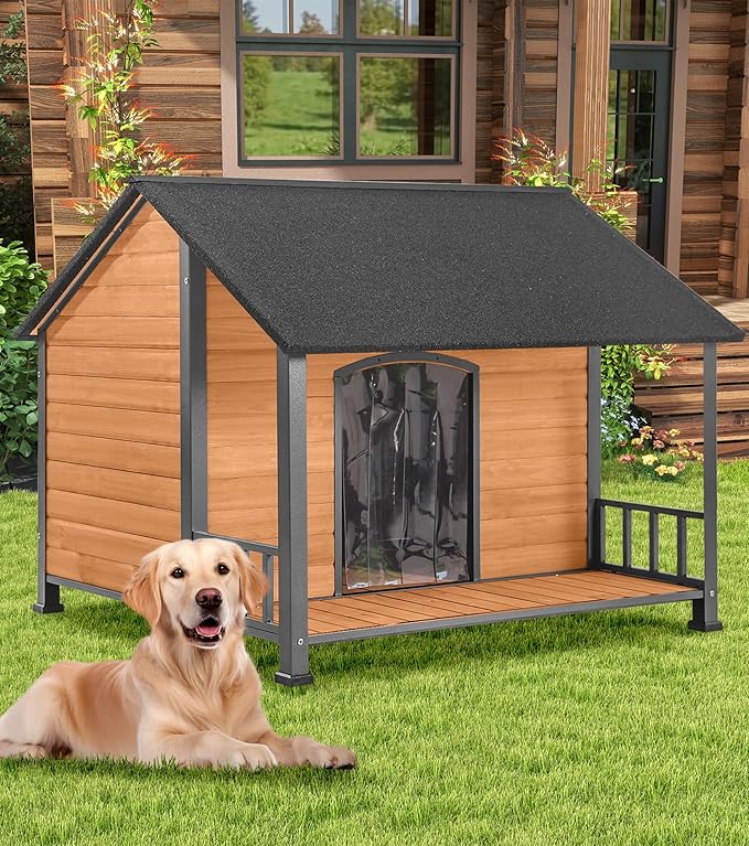Gutinneen Large Dog House Outdoor with Strength Metal Frame, Outside Dog House with Waterproof Roof, PVC Curtain, Fir Wood Patio, Design for Small &amp; Medium &amp; Large Dogs