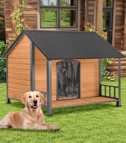 Gutinneen Large Dog House Outdoor with Strength Metal Frame, Outside Dog House with Waterproof Roof, PVC Curtain, Fir Wood Patio, Design for Small &amp; Medium &amp; Large Dogs