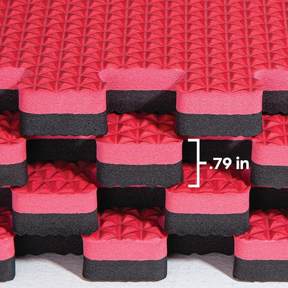 Norsk Reversible Gym Exercise Mats 3/4" Thick EVA Interlocking Foam Tiles, Perfect Gym Flooring for Home Gym, 4 Tiles &amp; 8 Trim Pieces, 16 Sq. Ft. 24"x24", Red/Black