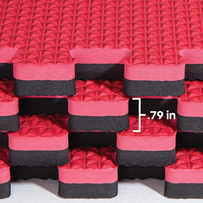 Norsk Reversible Gym Exercise Mats 3/4" Thick EVA Interlocking Foam Tiles, Perfect Home Gym Flooring, 16 24"x24" Tiles &amp; 32 Trim Pieces, 64 Sq. Ft. Reversible, Red/Black