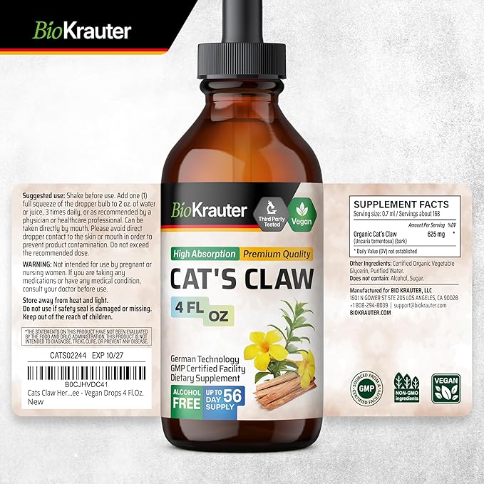 BIO KRAUTER Cats Claw Tincture - Liquid Cats Claw Herb for Immune Support - Alcohol &amp; Sugar Free - Vegan Drops 4 Fl.Oz.