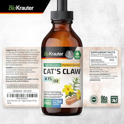 BIO KRAUTER Cats Claw Tincture - Liquid Cats Claw Herb for Immune Support - Alcohol &amp; Sugar Free - Vegan Drops 4 Fl.Oz.