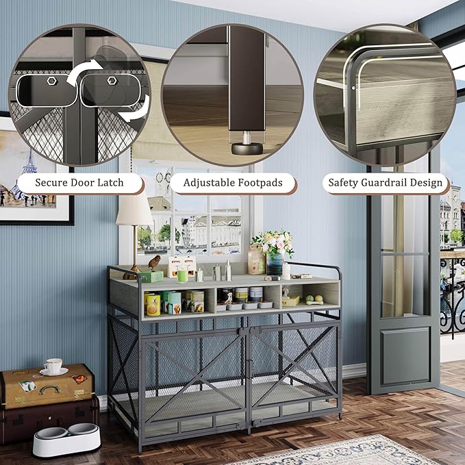 Dog Crate Furniture, 48" Heavy Duty Wooden Dog Crate End Table, XL Dog Kennel Furniture Large Breed, Decorative Dog Kennel Indoor with 3 Drawers &amp; Steel Tubes 48" L x28 W x36 H (Grey)