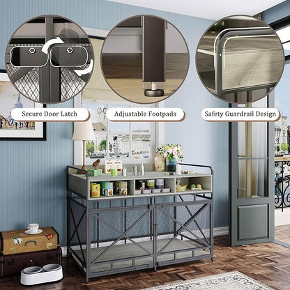Dog Crate Furniture, 48" Heavy Duty Wooden Dog Crate End Table, XL Dog Kennel Furniture Large Breed, Decorative Dog Kennel Indoor with 3 Drawers &amp; Steel Tubes 48" L x28 W x36 H (Grey)
